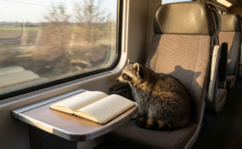 KI Fahrplan Satire: Waschbär sitzt am Fenster eines leeren Zugabteils und schaut auf einen aufgeschlagenen Notizblock