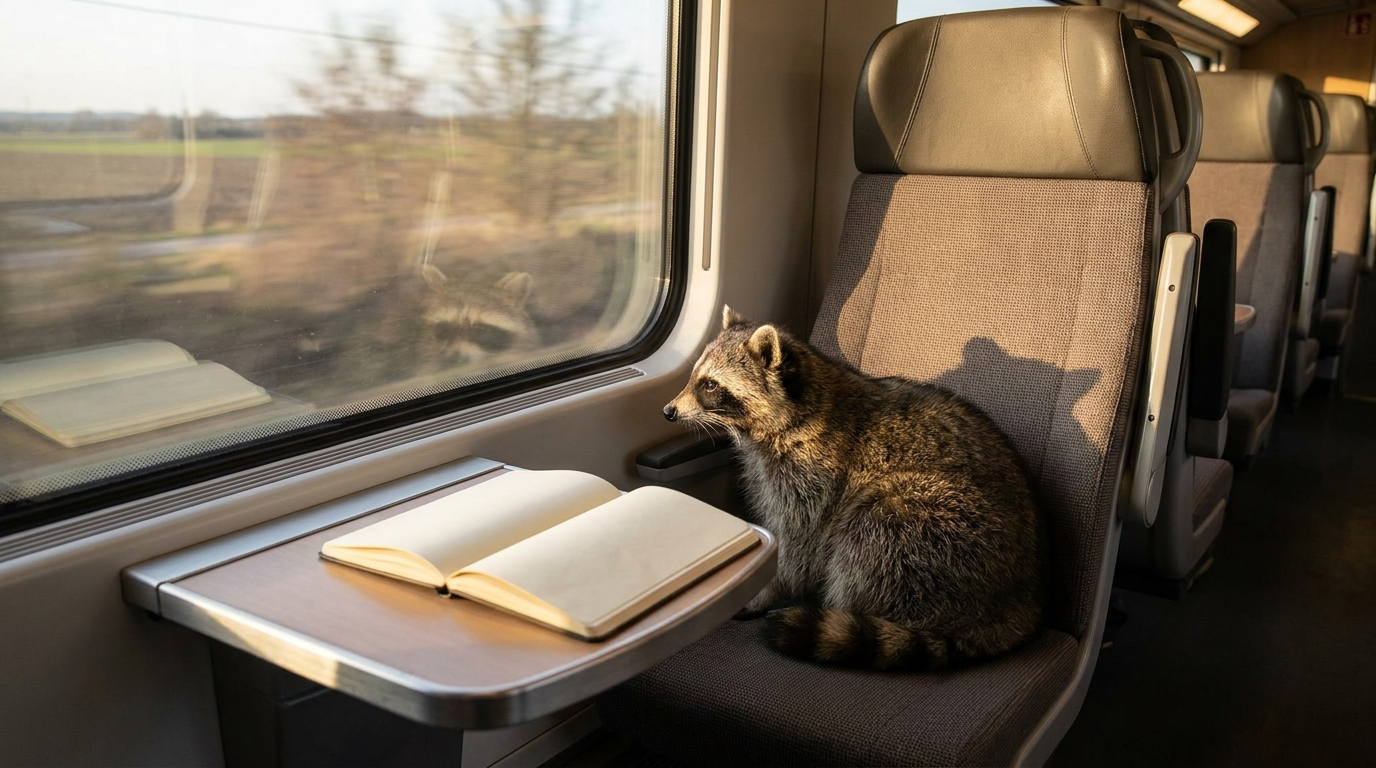 KI Fahrplan Satire: Waschbär sitzt am Fenster eines leeren Zugabteils und schaut auf einen aufgeschlagenen Notizblock