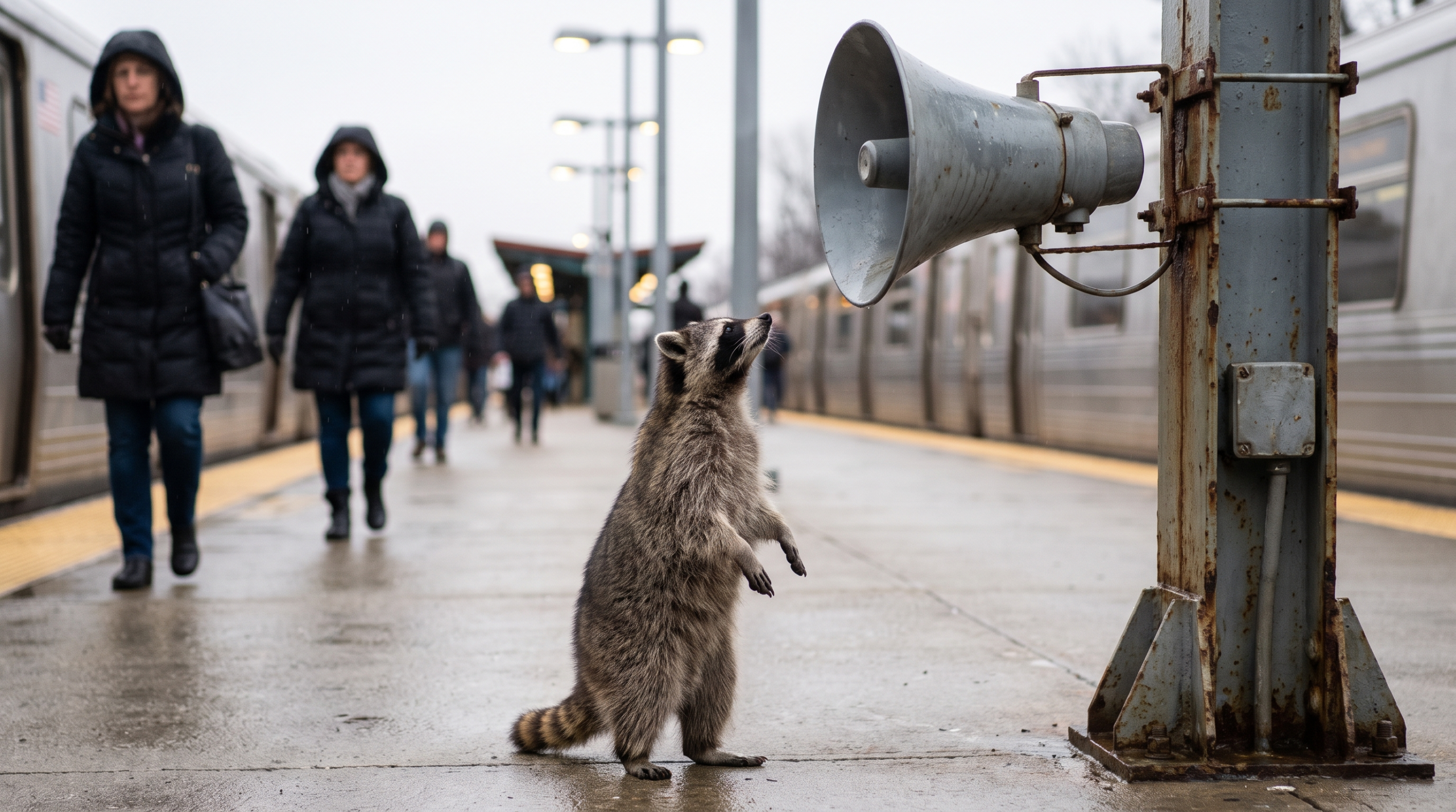 Durchsage Satire: Waschbär steht unter einem Lautsprecher auf einem Bahnsteig