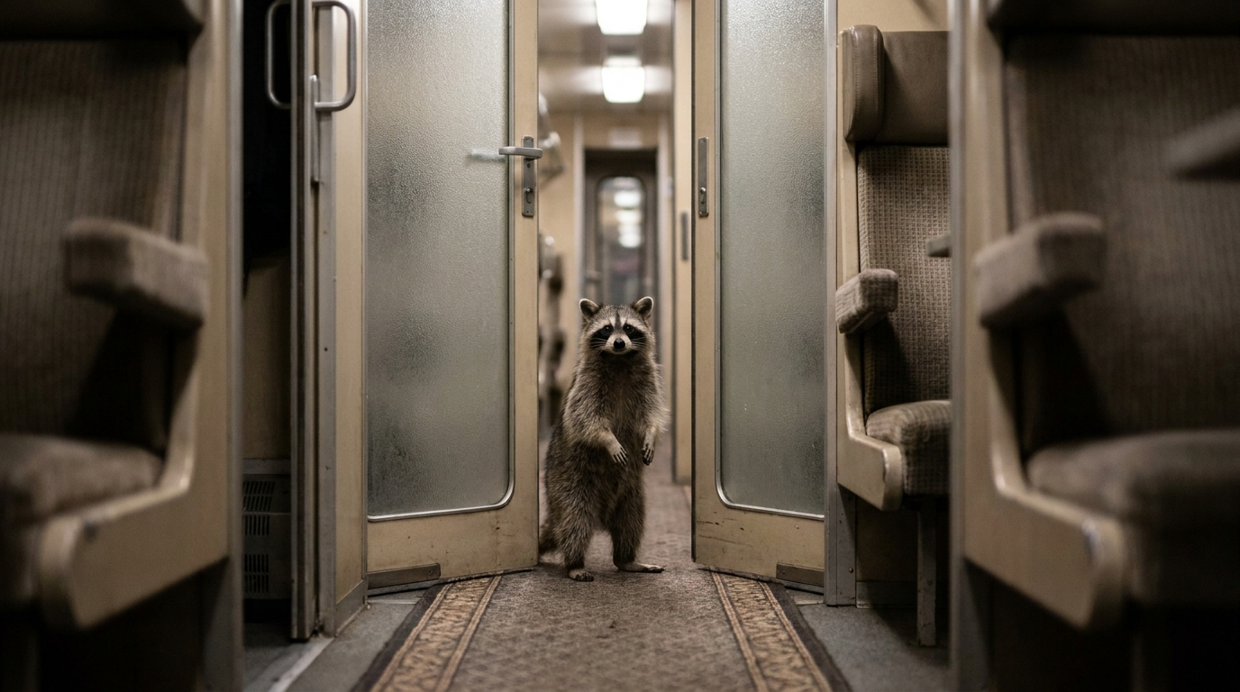 Kinderabteil Satire: Waschbär steht im Gang eines Zugwagens zwischen zwei Abteilen