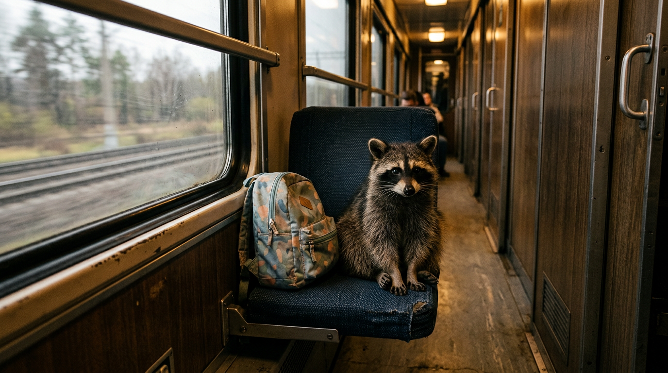 Kinderfahrkarte Satire: Waschbär sitzt auf einem Klappsitz im Zuggang neben einem Kinderrucksack