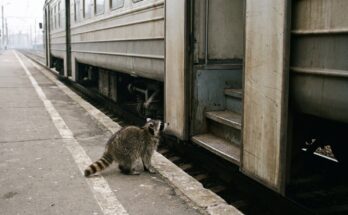 Waschbär steht vor einer hohen Einstiegsstufe an einem Regionalzug