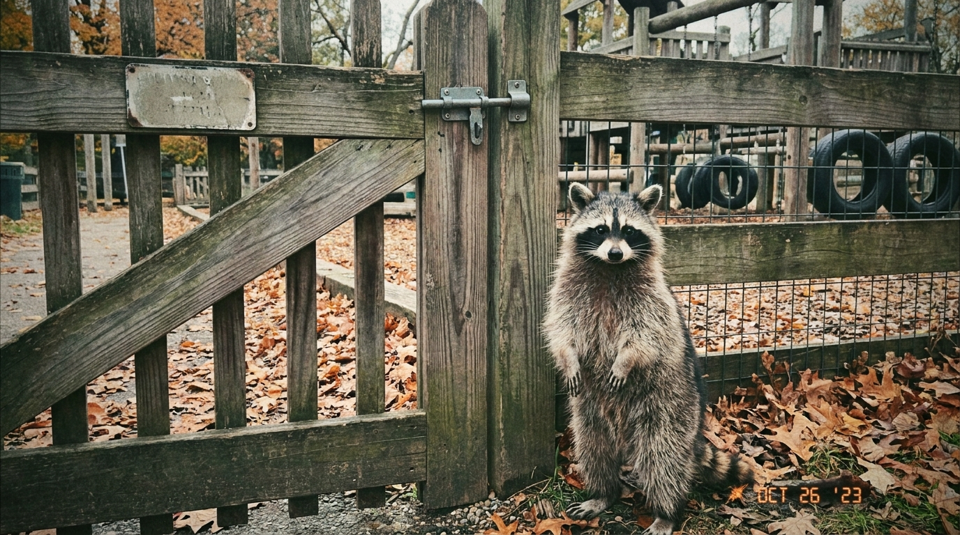 Kita Satire: Waschbär steht vor einem geschlossenen Gartentor eines Kindergartens