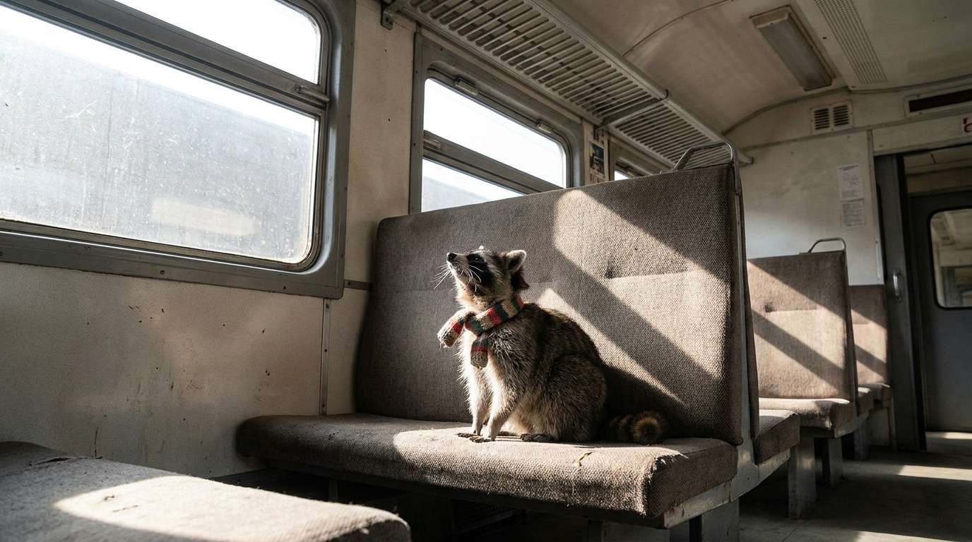 Klimaanlage Zug Satire: Waschbär sitzt mit Schal in einem Zugabteil und schaut zur Lüftung an der Decke