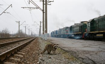 Waschbär steht zwischen einer Oberleitung und einer Reihe wartender Reisebusse