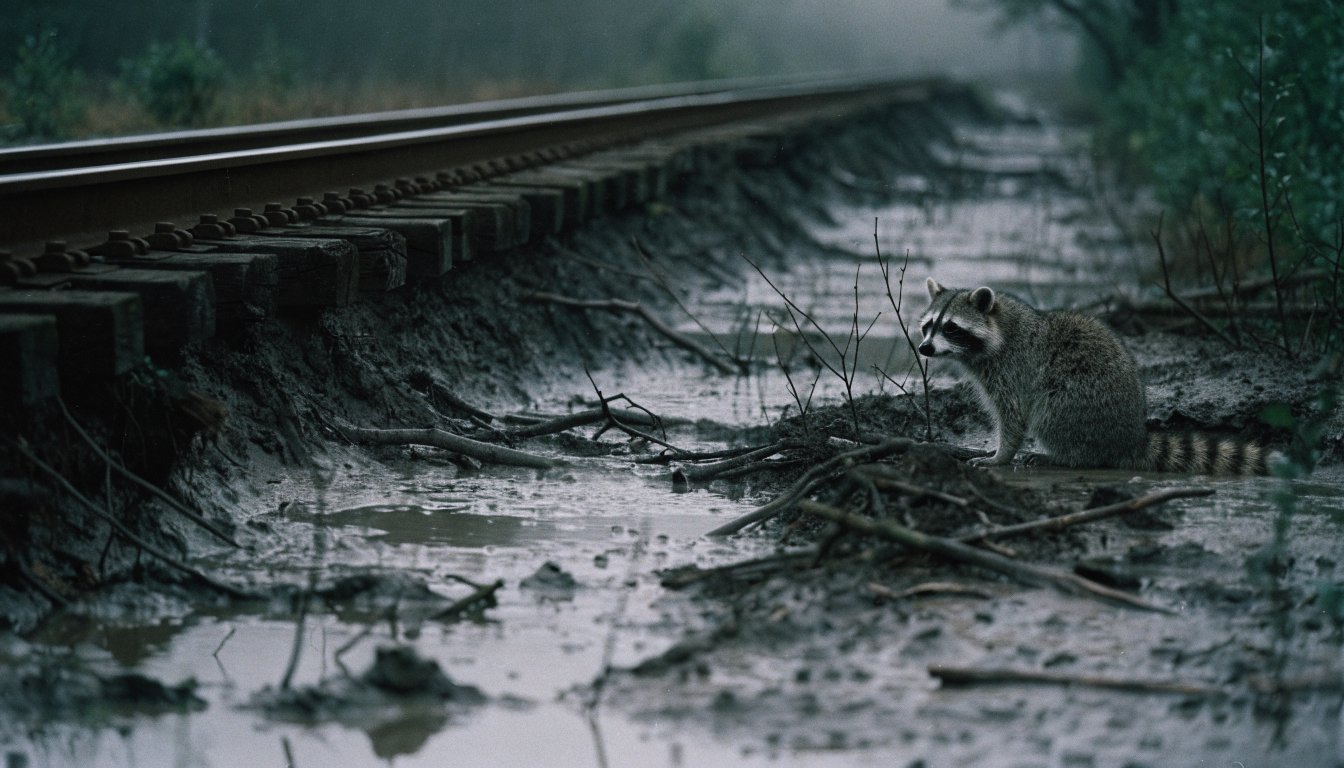 Klimafolgekosten Satire: Waschbär sitzt neben einem von Starkregen unterspülten Bahndamm, das Gleis hängt frei