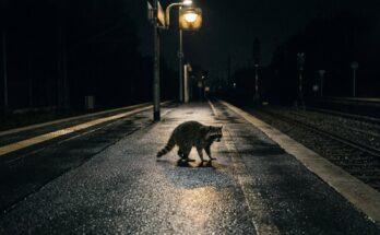 Waschbär steht nachts auf einem regennassen Bahnsteig unter einer einzelnen Lampe