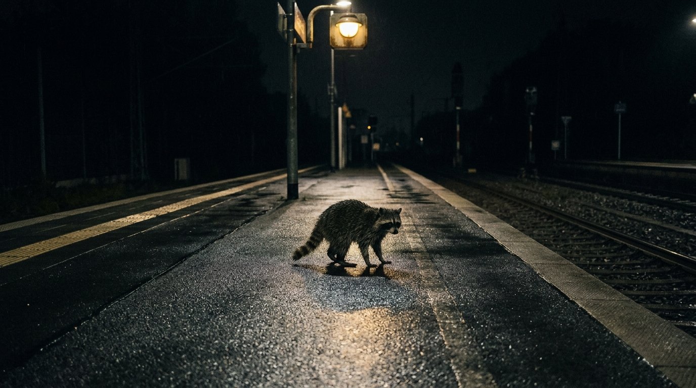 Klimageld Satire: Waschbär steht nachts auf einem regennassen Bahnsteig unter einer einzelnen Lampe