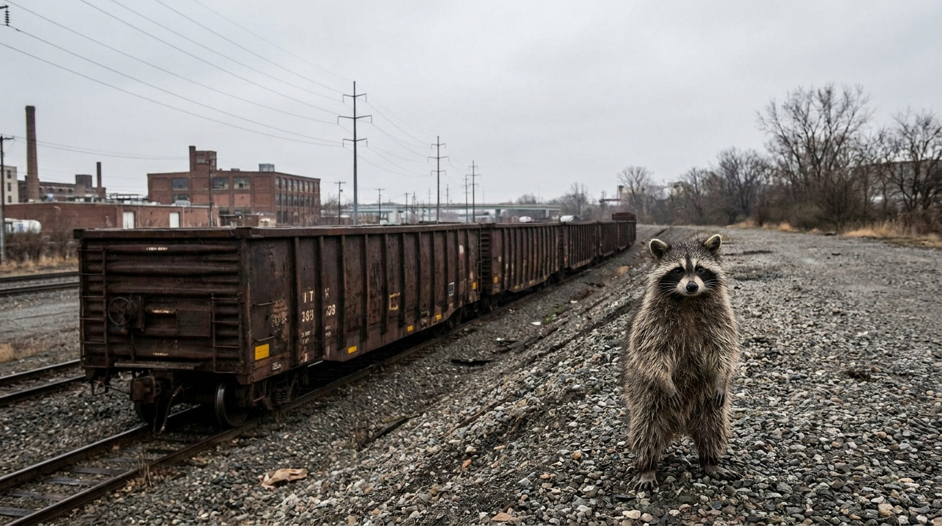 Klimaziel Satire: Waschbär steht auf einem Bahnsteig vor einer Reihe abgestellter Güterwagen