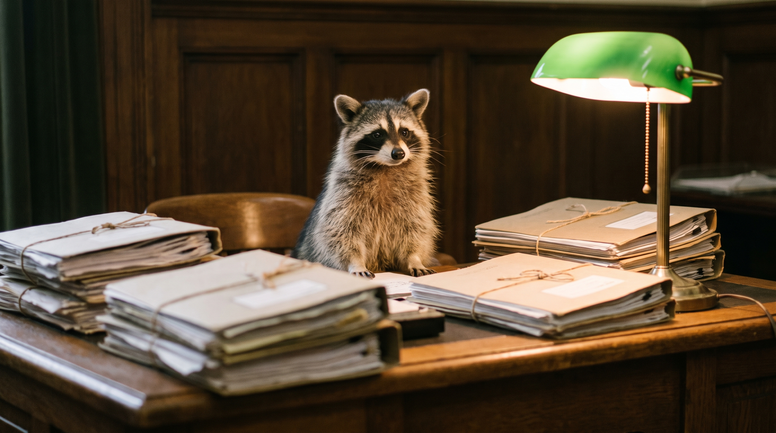 Haushalt Satire: Waschbär steht vor einem Aktenstapel auf einem Schreibtisch im Ministerium