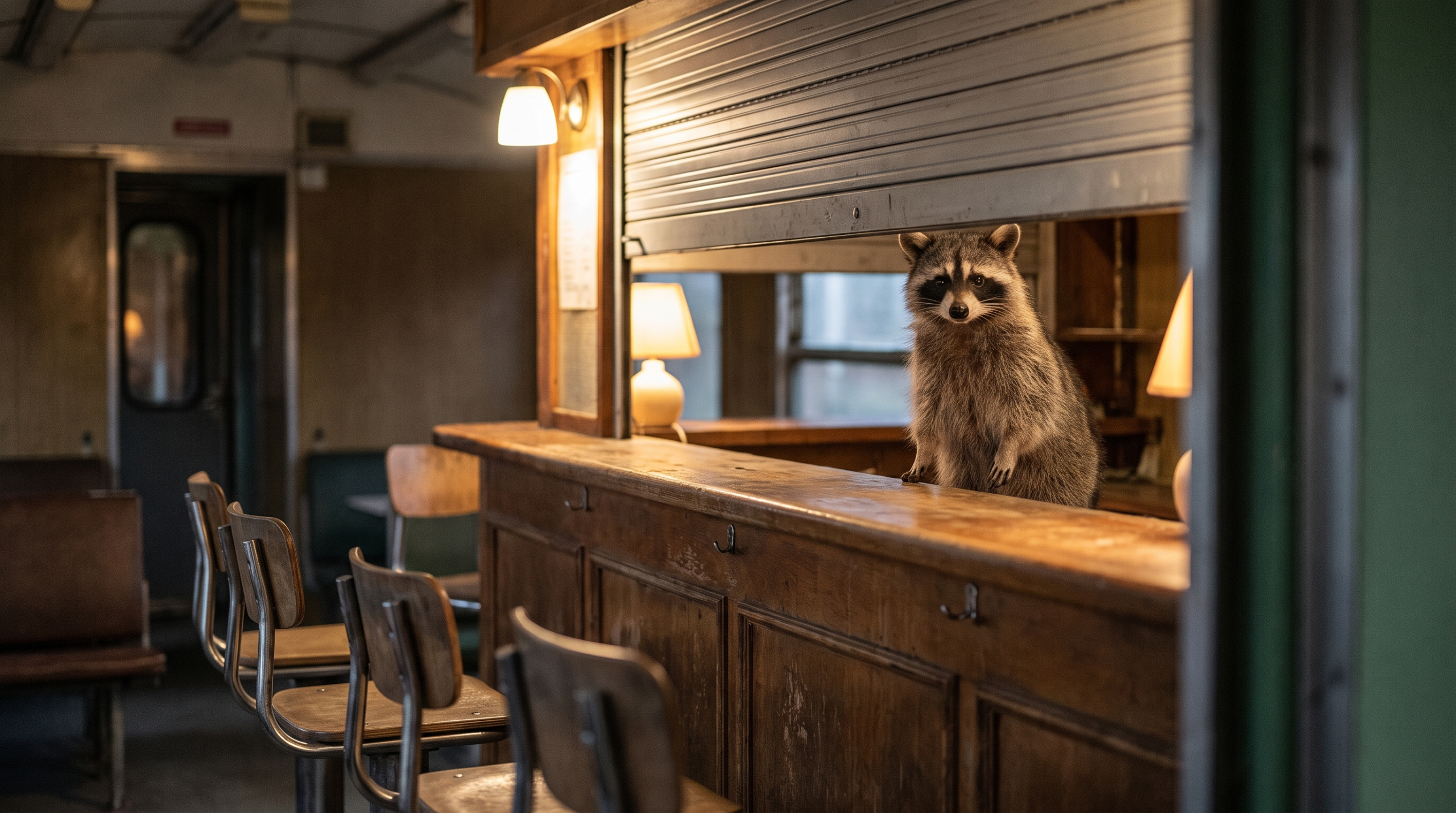 Bordbistro Satire: Waschbär steht an einer geschlossenen Bistrotheke in einem Zugwagen