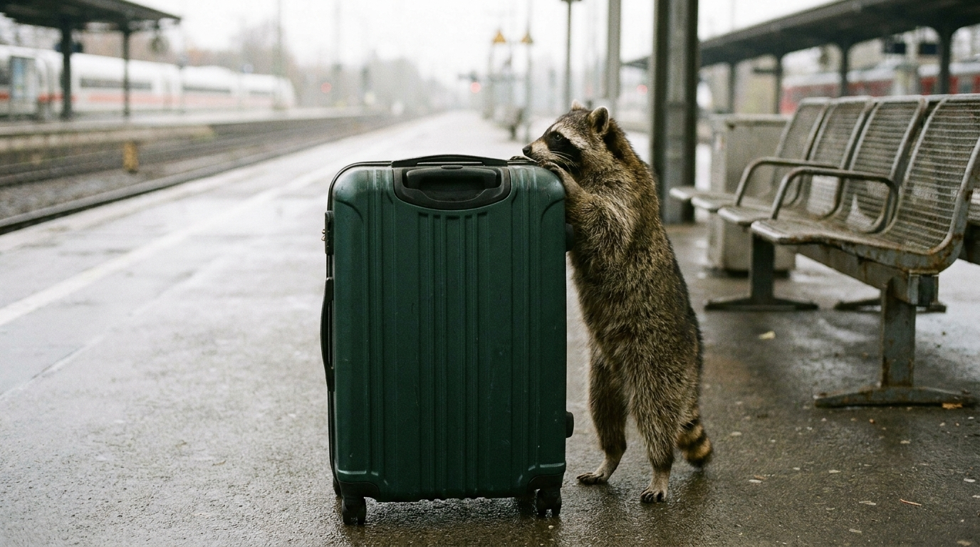 Koffer Satire: Waschbär steht neben einem großen Rollkoffer auf einem Bahnsteig