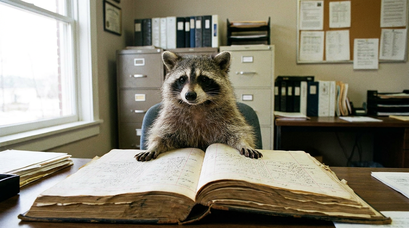 Kommunalfinanzen Satire: Waschbär sitzt an einem Schreibtisch vor einem aufgeschlagenen Haushaltsbuch