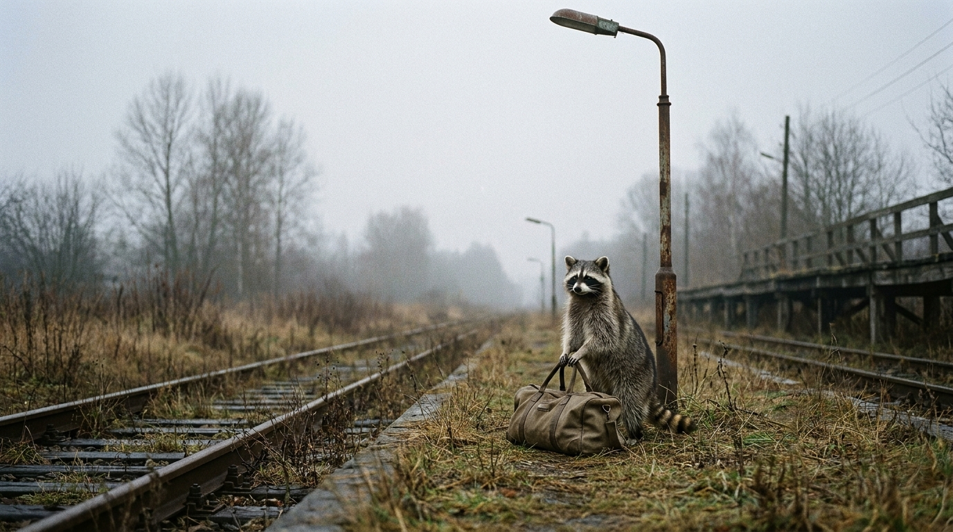 Krankenhausreform Satire: Waschbär steht mit einer kleinen Tasche auf einem verlassenen Landbahnsteig
