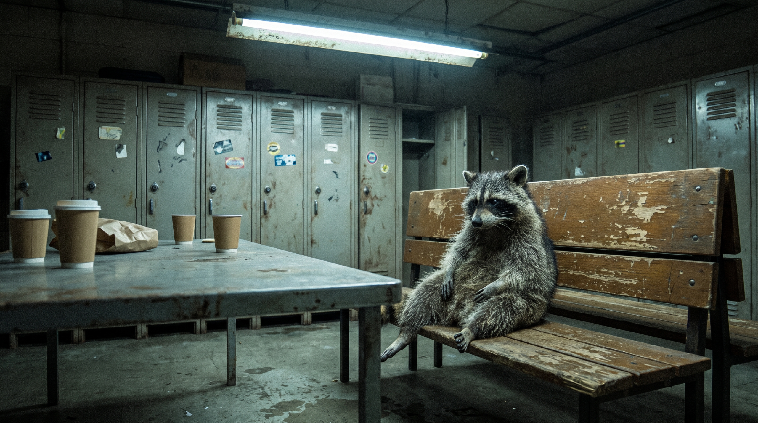 Krankenstand Satire: Waschbär sitzt erschöpft auf einer Bank im Aufenthaltsraum eines Betriebshofs