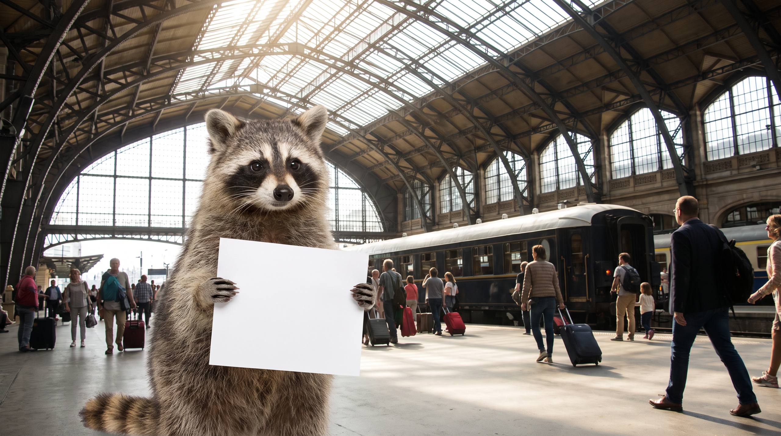 Kundenversprechen Satire: Waschbär hält ein Blatt Papier mit leerer Zeile in der Bahnhofshalle