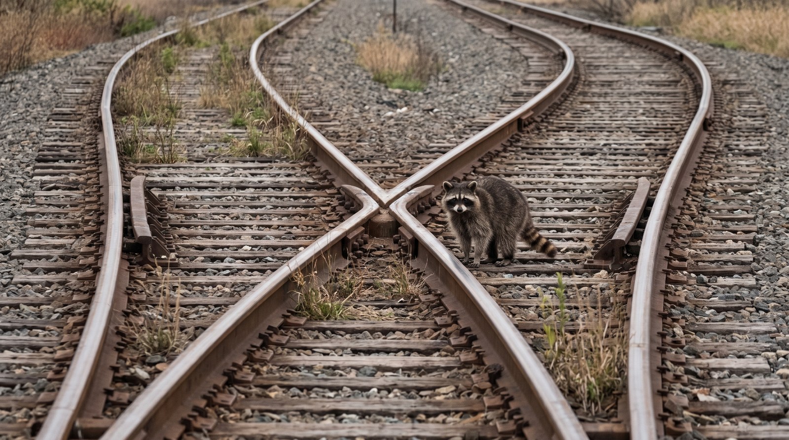 Waschbär steht an einer Weiche, an der sich zwei Gleise in verschiedene Richtungen trennen