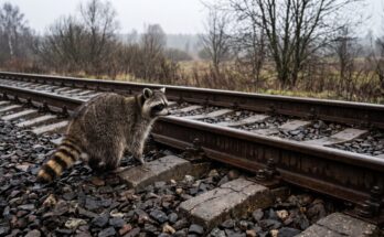 Waschbär steht neben einem Gleis mit sichtbar altem Schotter und verwittertem Oberbau