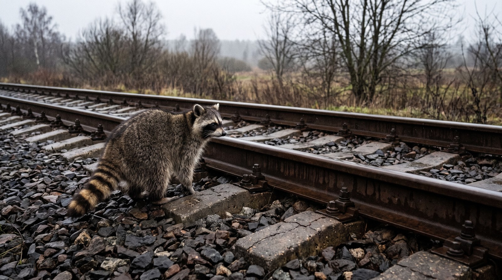 Waschbär steht neben einem Gleis mit sichtbar altem Schotter und verwittertem Oberbau