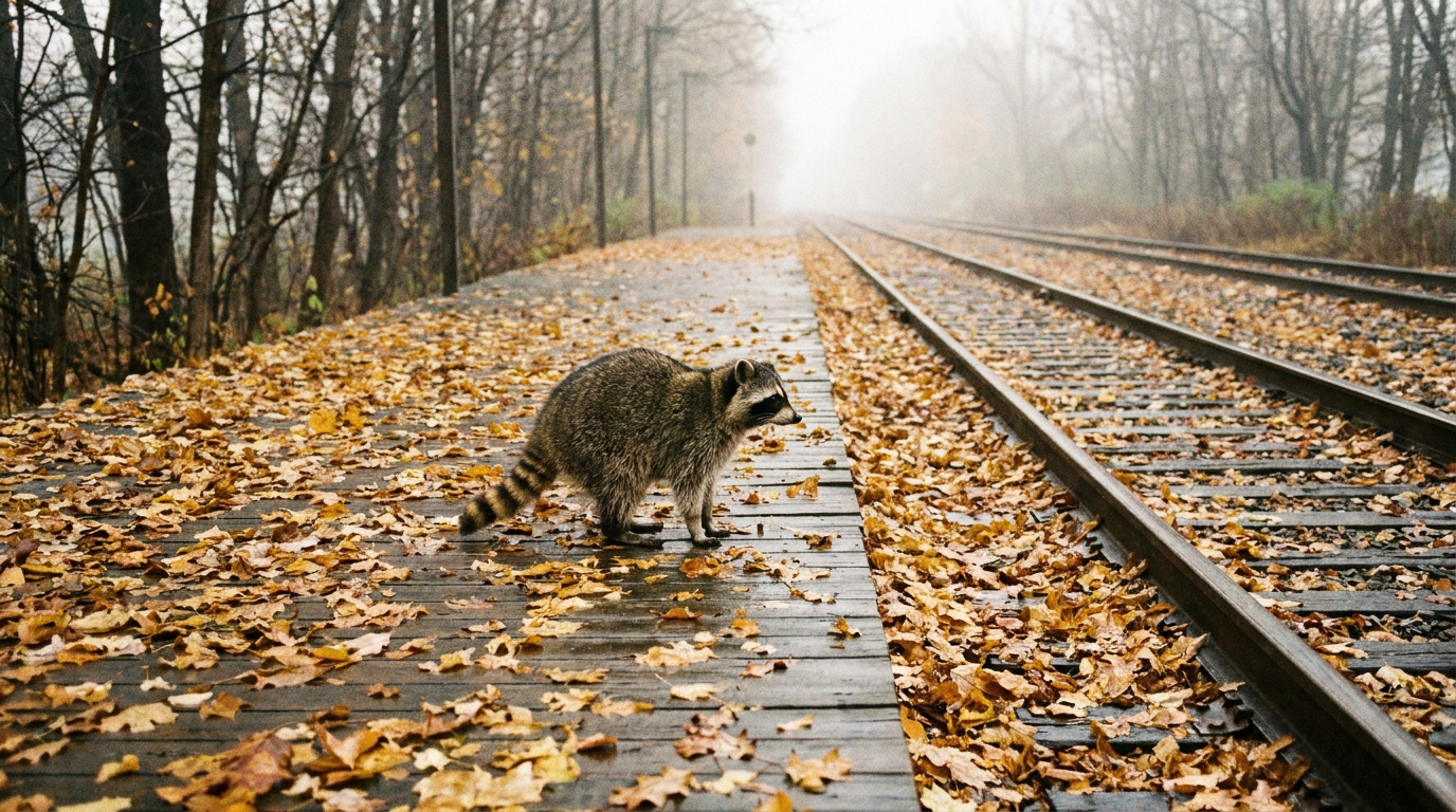 Laub Bahn Satire: Waschbär steht auf einem herbstlichen Bahnsteig zwischen fallenden Blättern