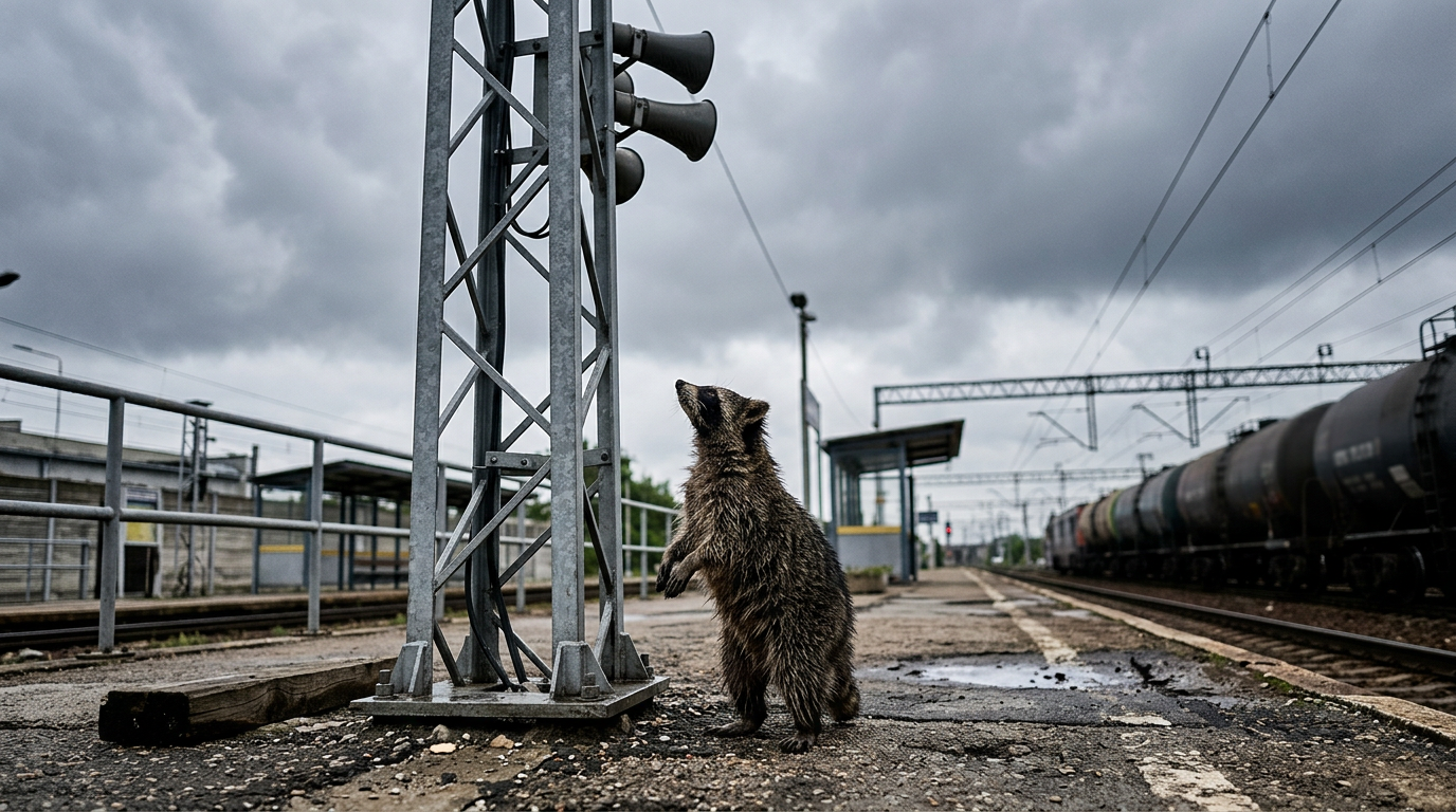 Lautsprecher Satire: Waschbär steht auf einem Bahnsteig und blickt zu einem Lautsprechermast hinauf