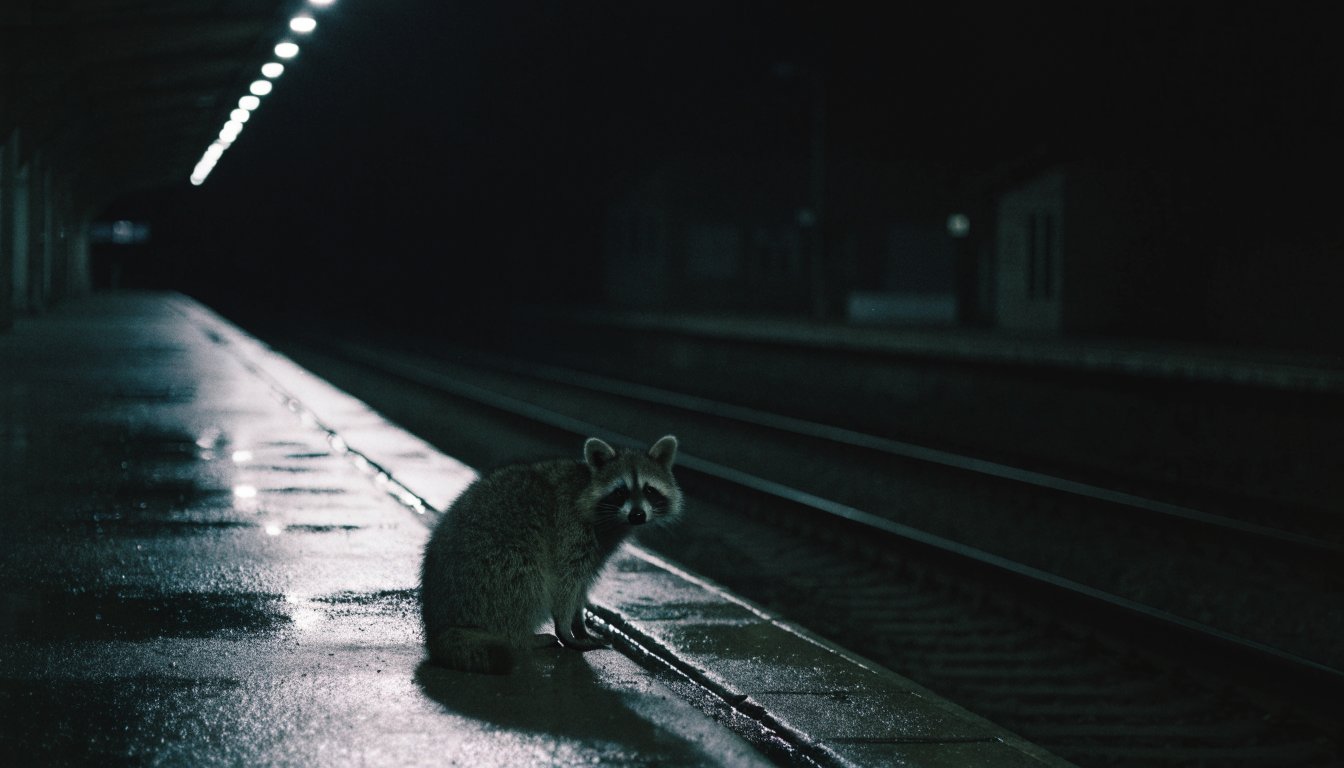 LED-Umstellung Satire: Waschbär sitzt nachts auf einem Bahnsteig unter einer Reihe grell weißer neuer Lampen