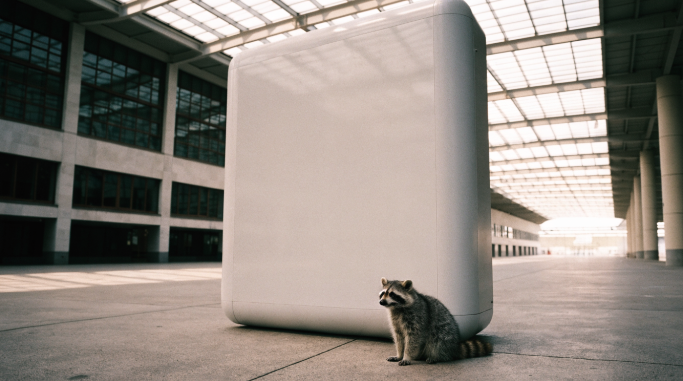 Leichte Sprache Kundeninformation Satire: Waschbär sitzt in einer hellen Bahnhofshalle vor einer leeren Informationstafel