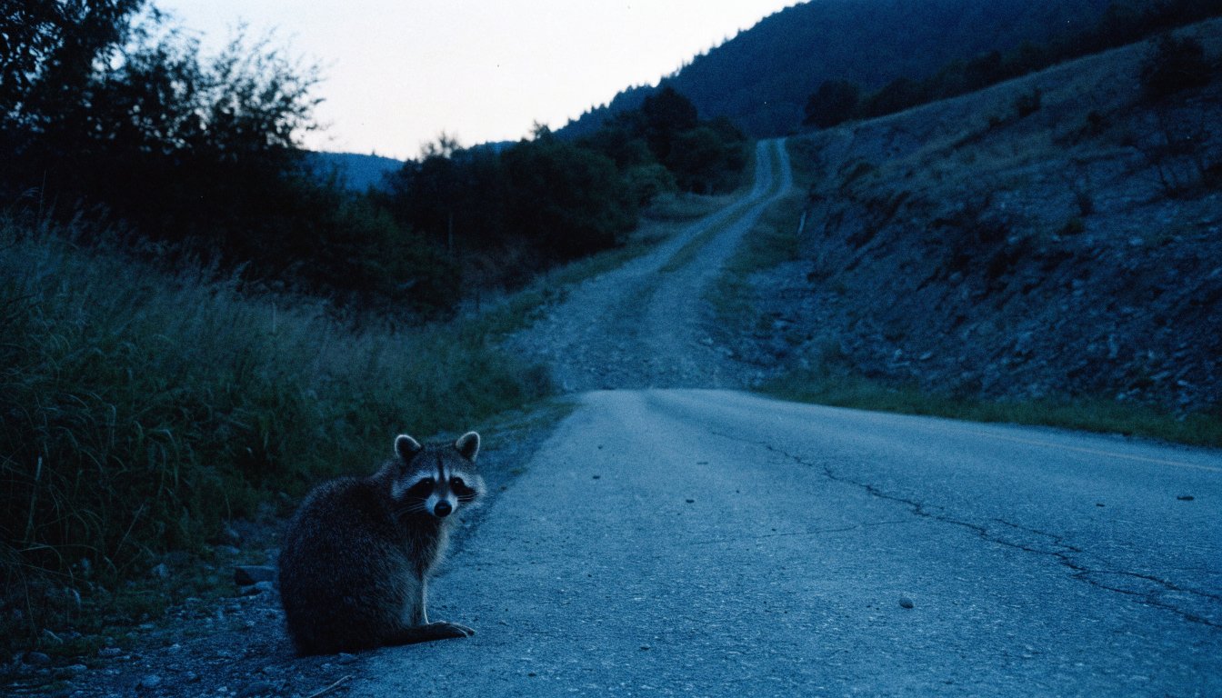 Letzte Meter Ersatzverkehr Satire: Waschbär sitzt dort, wo die Straße endet und ein unbeleuchteter Fußweg bergauf weitergeht
