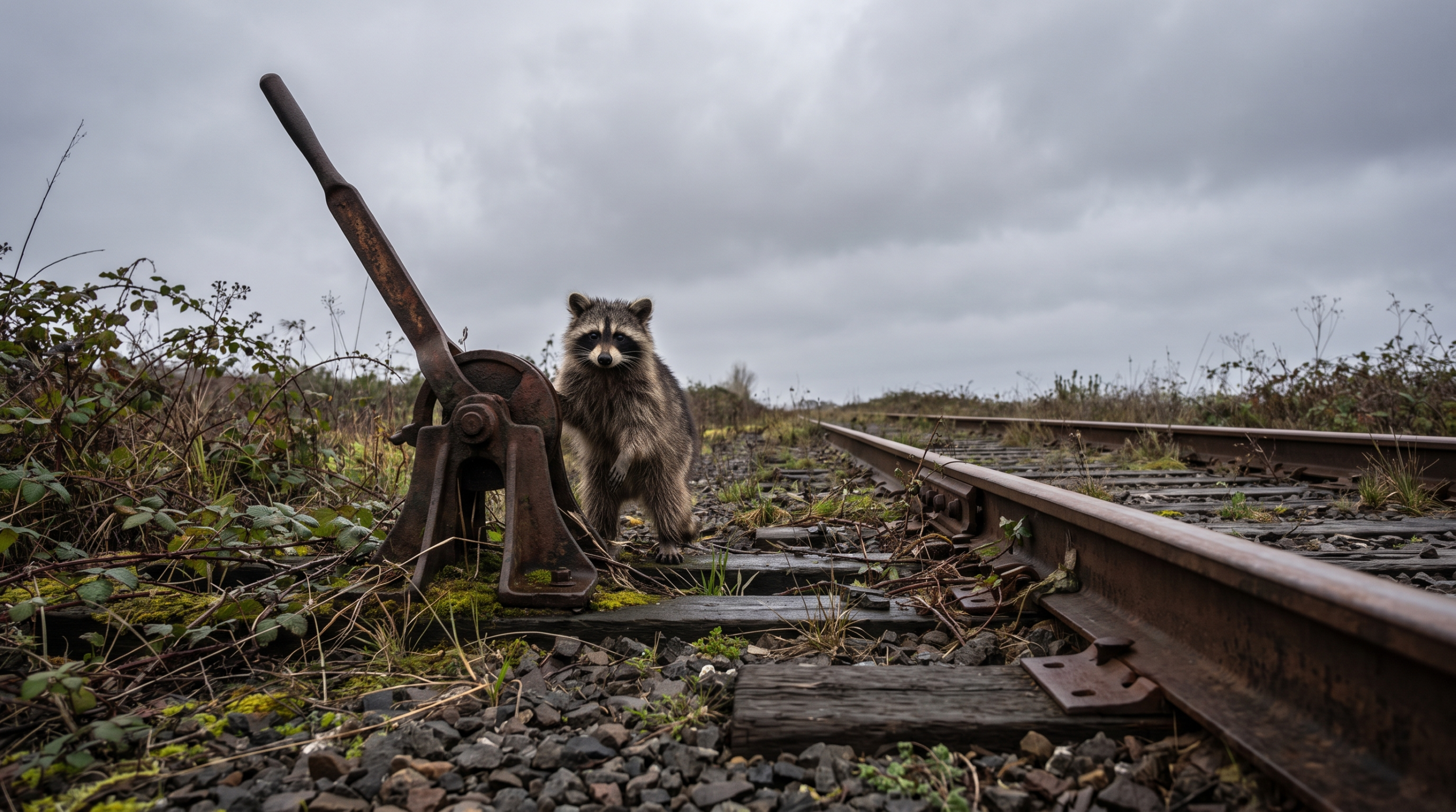 Weichen Satire: Waschbär steht neben einer alten Weiche im Gleisbett