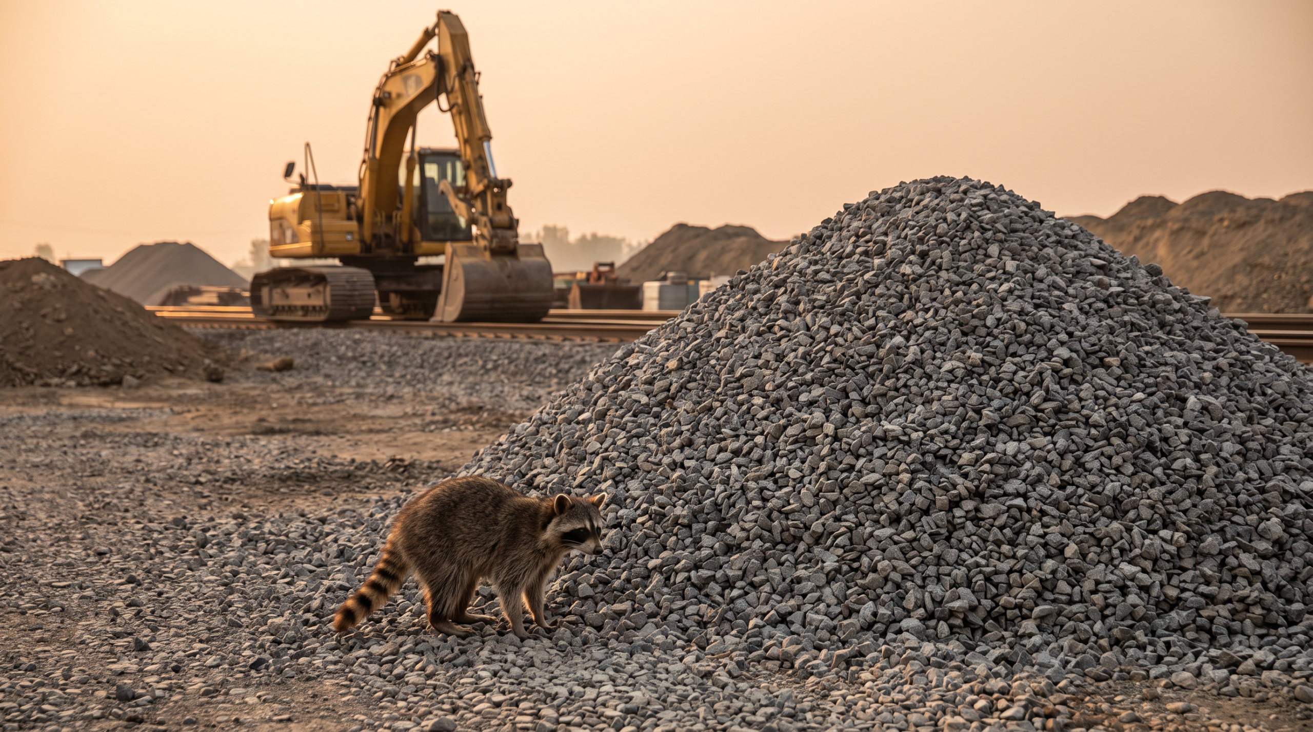 Schotter Satire: Waschbär steht neben einem großen Schotterhaufen an einer Baustelle