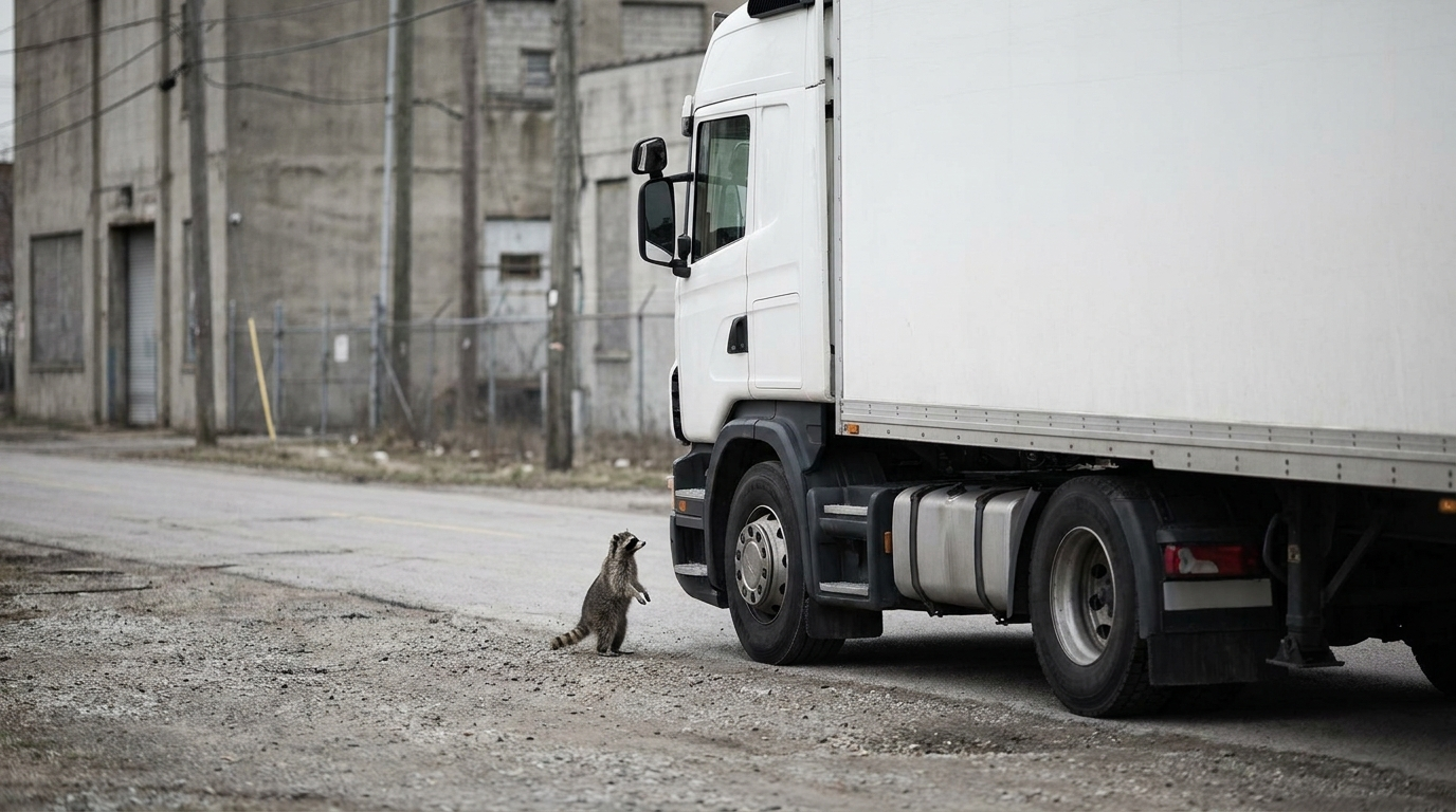 Lkw-Maut Satire: Waschbär steht an einer Straße neben einem parkenden Lastwagen