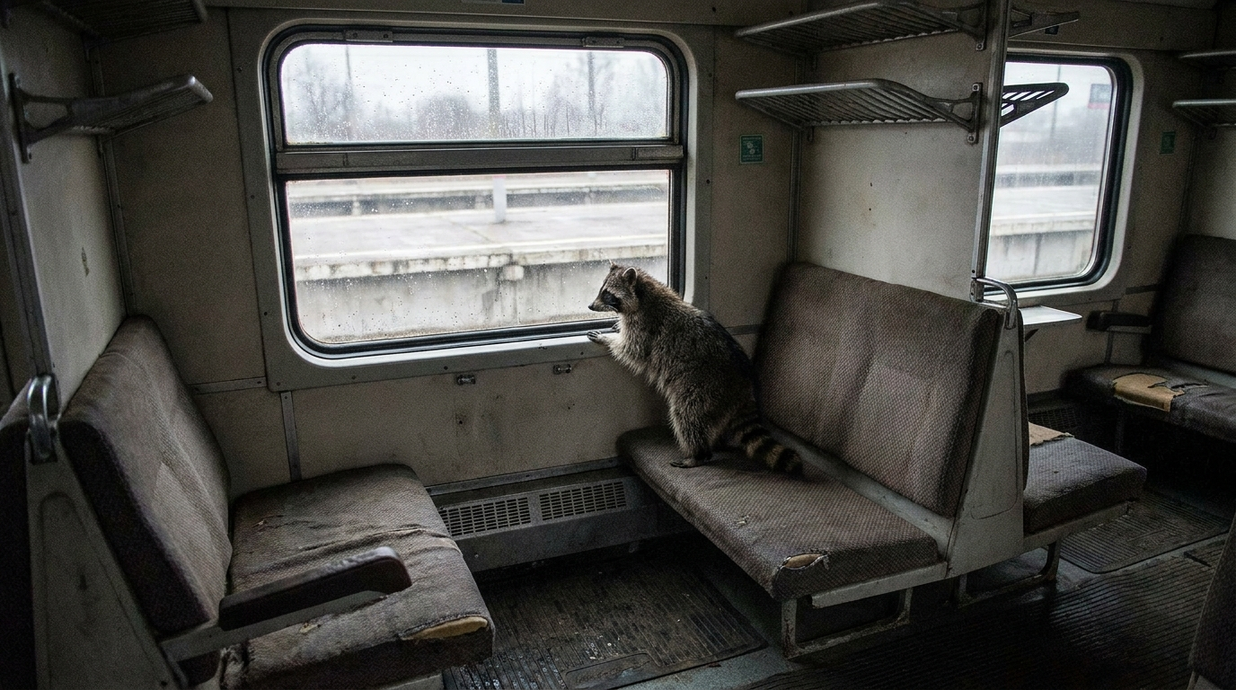 Lokführer fehlt Satire: Waschbär sitzt allein in einem Zugabteil am Fenster und blickt auf einen leeren Bahnsteig
