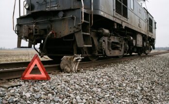 Waschbär steht neben einer stehenden Lokomotive auf freier Strecke