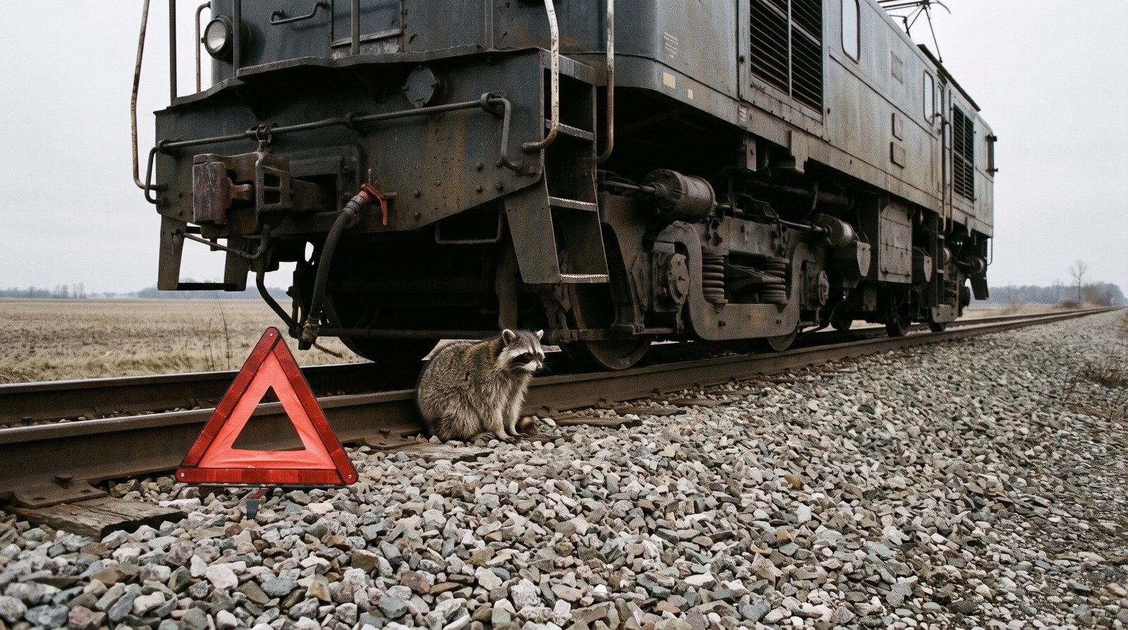 Waschbär steht neben einer stehenden Lokomotive auf freier Strecke