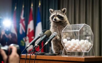 Wehrdienst Losverfahren Satire: Waschbär steht bei einer Pressekonferenz neben einer Lostrommel mit weißen Kugeln