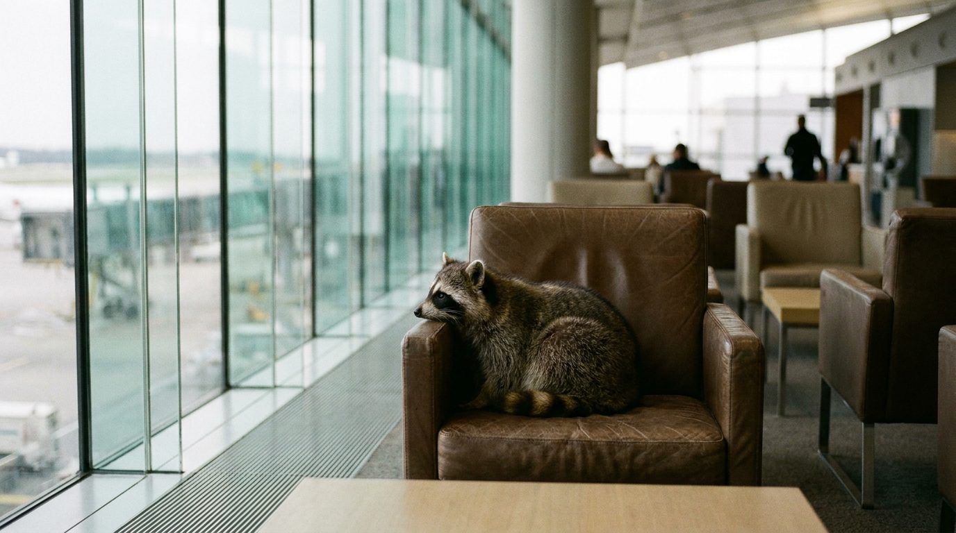 DB Lounge Satire: Waschbär sitzt in einem Sessel in einem ruhigen Wartebereich mit Glaswand