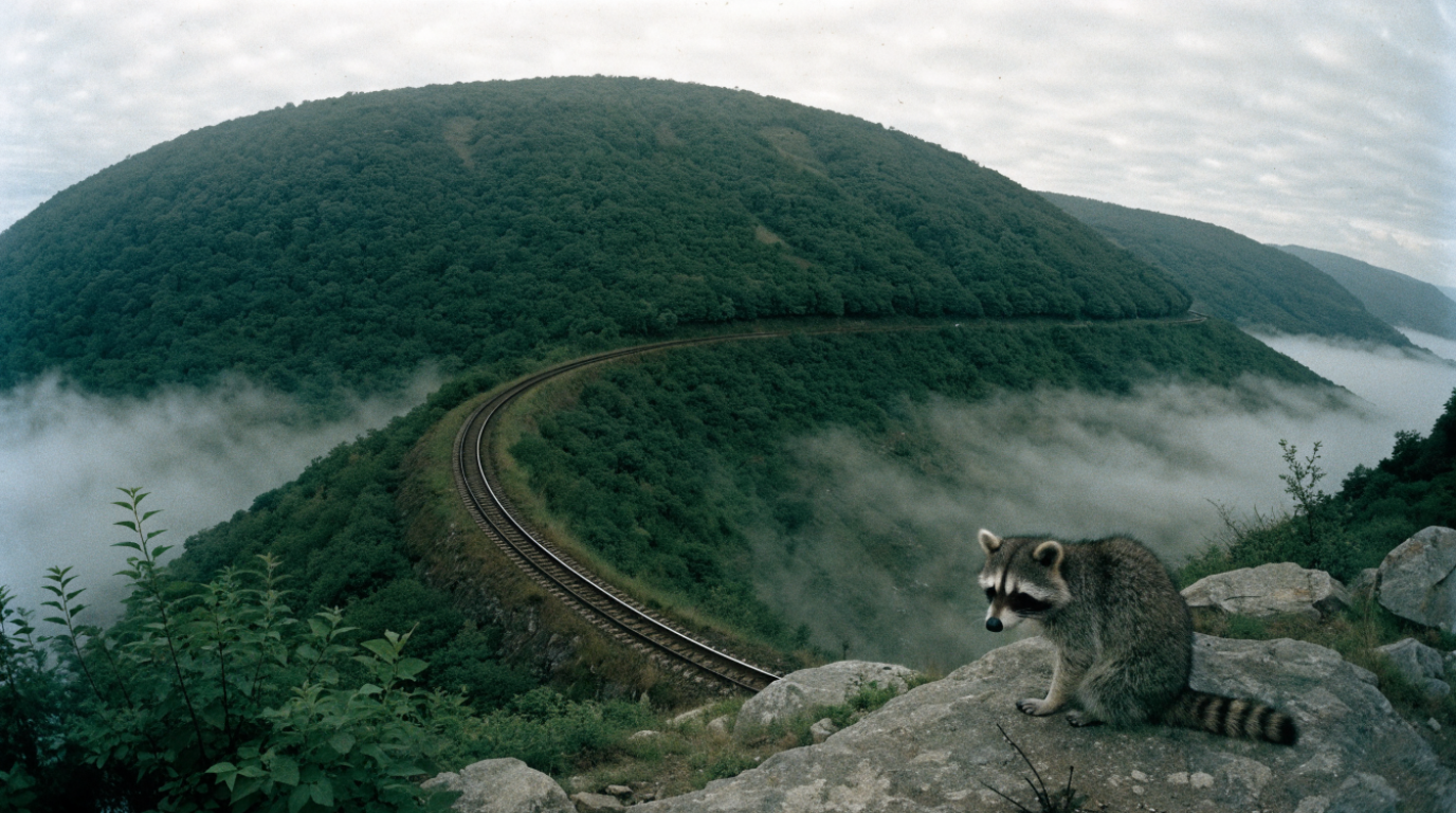 Luftlinie Preisstufe Satire: Waschbär sitzt auf einem Felsen über einer Bahnstrecke, die in weitem Bogen um einen Berg führt