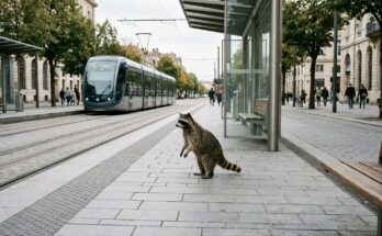 Waschbär steht an einer modernen Straßenbahnhaltestelle in einer sauberen Innenstadt