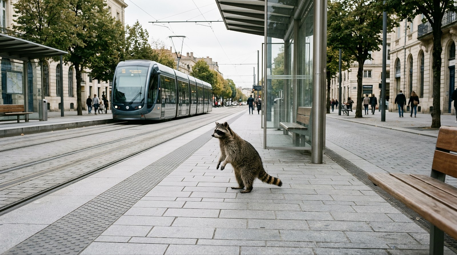 Waschbär steht an einer modernen Straßenbahnhaltestelle in einer sauberen Innenstadt