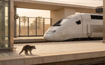 Waschbär steht auf einem hellen modernen Bahnsteig in warmem Licht
