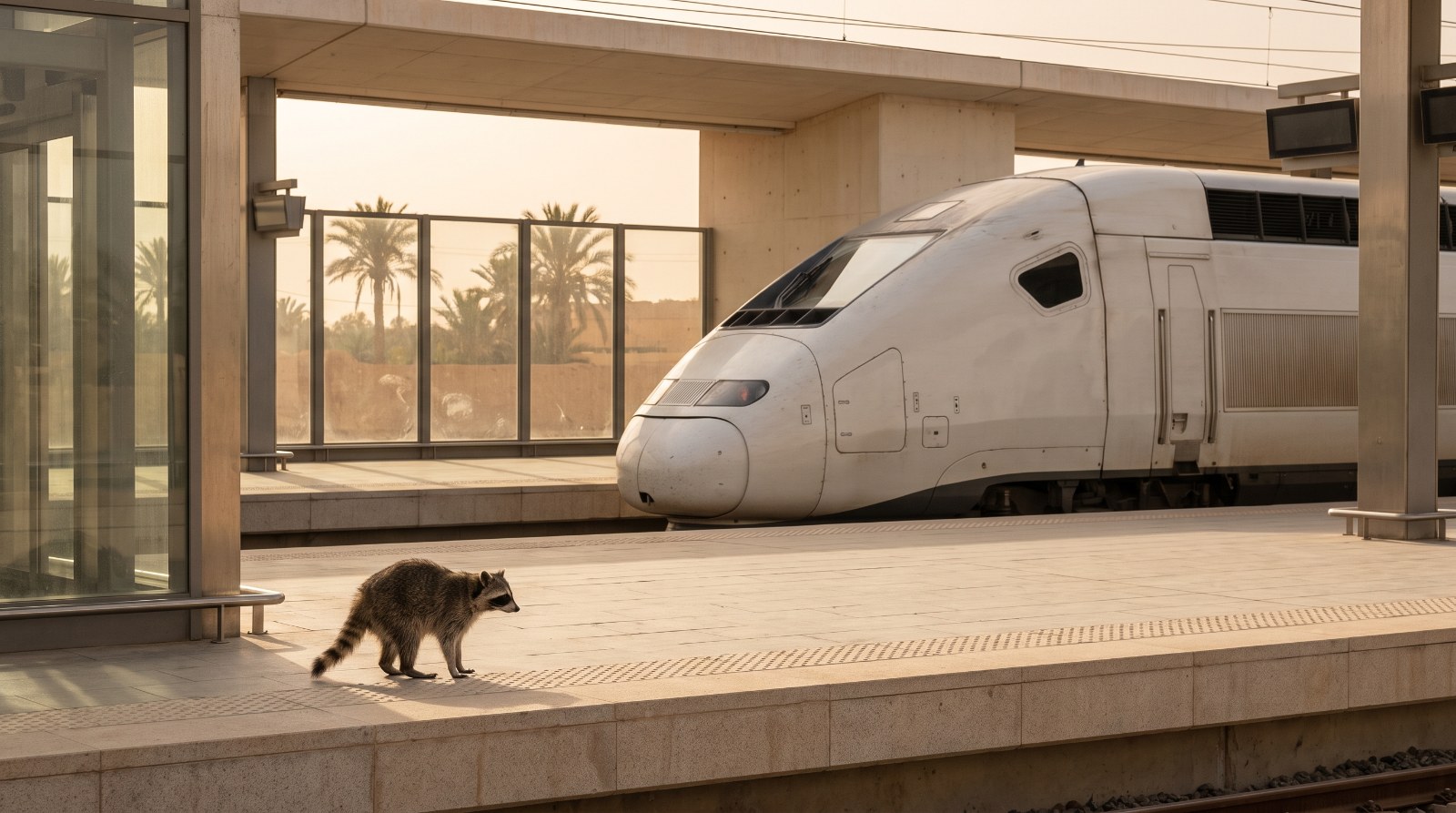Waschbär steht auf einem hellen modernen Bahnsteig in warmem Licht