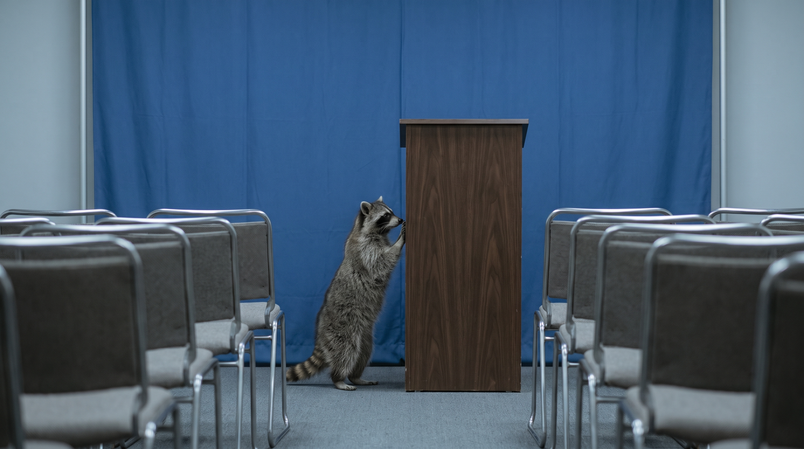 Bilanz Satire: Waschbär steht in einem Konferenzsaal vor einem leeren Rednerpult