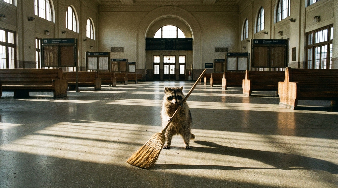 Mindestlohn Satire: Waschbär steht mit einem Besen in einer leeren Bahnhofshalle am frühen Morgen