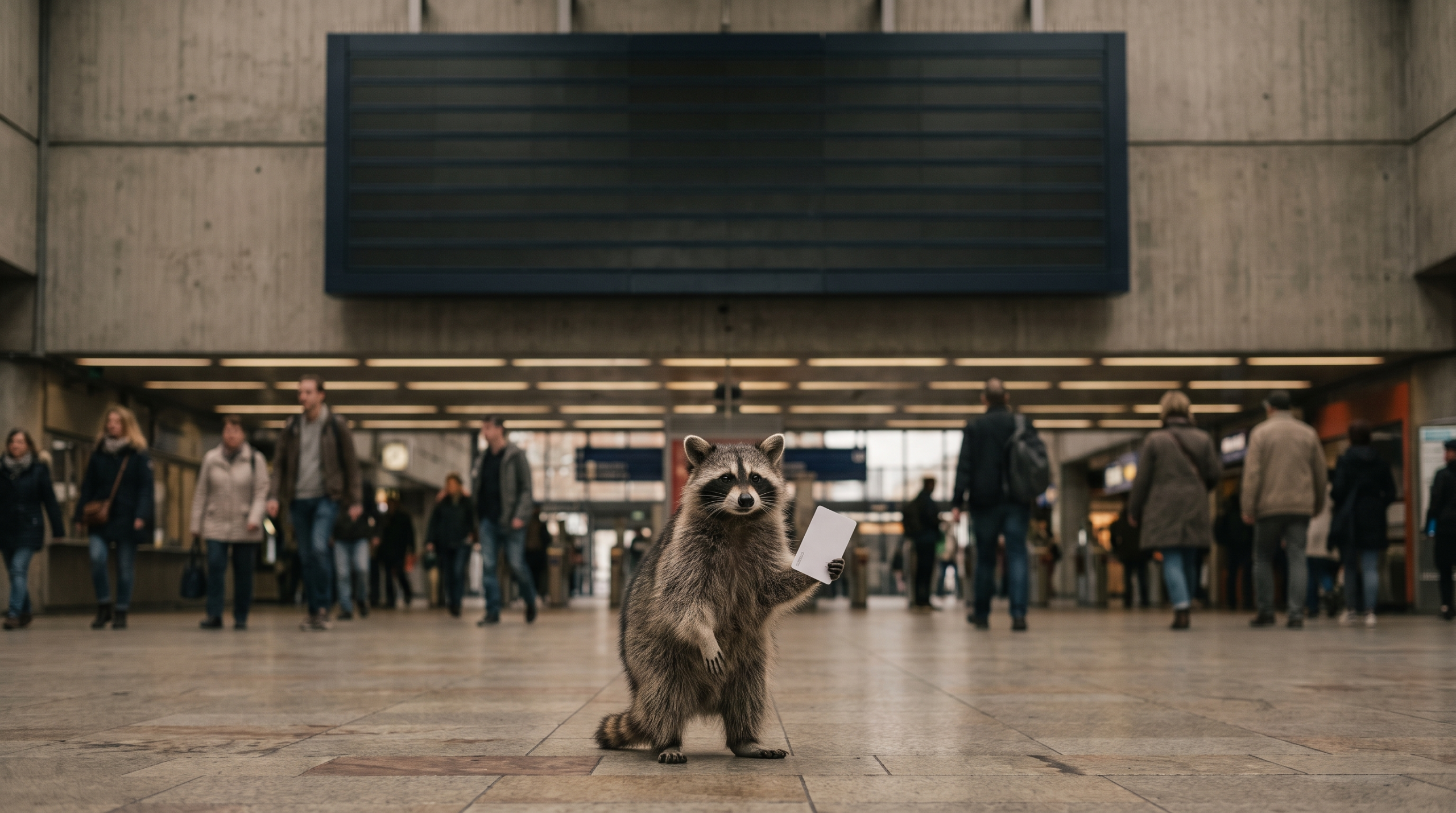 BahnCard Satire: Waschbär steht neben einer Bahnhofsanzeige mit einer Karte in der Pfote