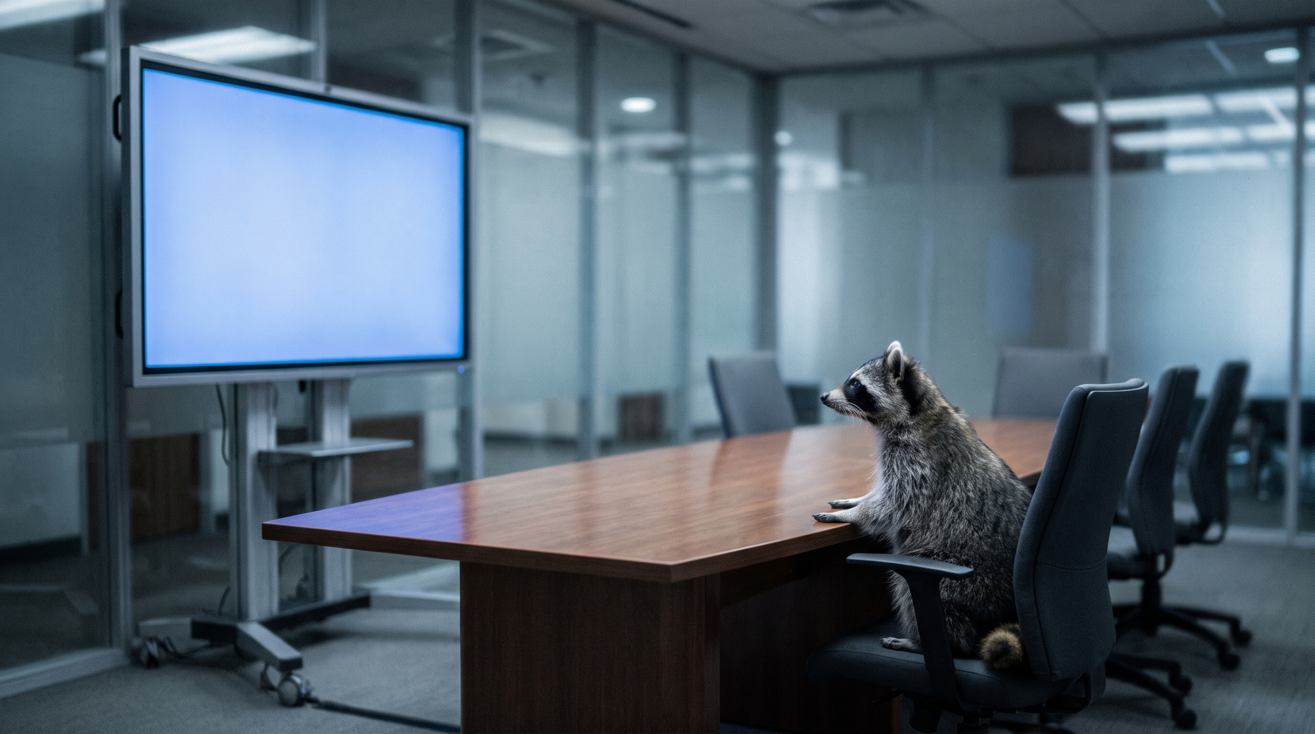 Videokonferenz Satire: Waschbär sitzt vor einem Bildschirm in einem leeren Konferenzraum