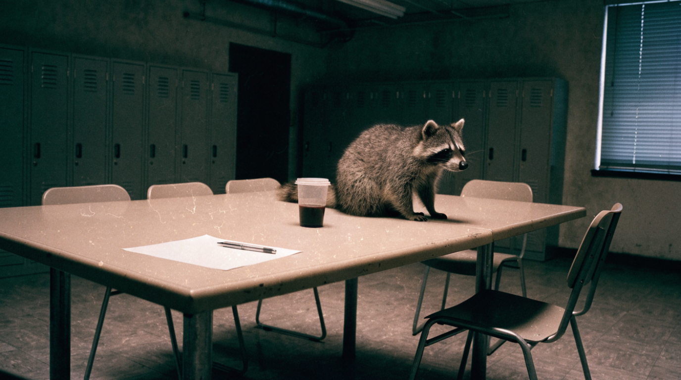 Mitarbeiterbefragung Rücklauf Satire: Waschbär sitzt auf einem Tisch im Pausenraum neben einem leeren Fragebogen