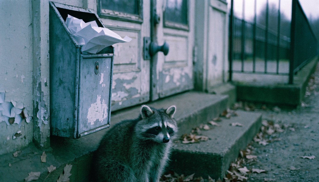 Mittelverfall Frist Satire: Waschbär sitzt vor einem verschlossenen Bahnhofsgebäude neben einem übervollen Briefkasten