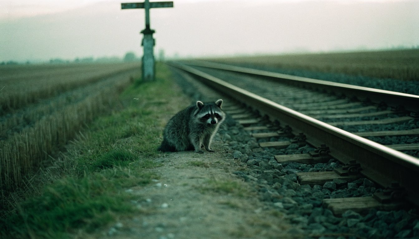 Mittelverteilung Fläche Satire: Waschbär sitzt an einem eingleisigen Bahnübergang zwischen abgeernteten Feldern