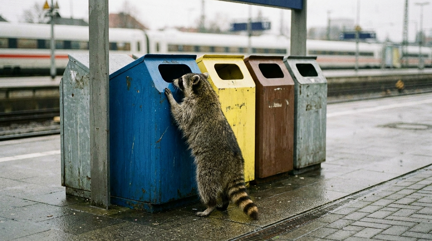 Mülltrennung Satire: Waschbär steht vor einer Reihe von vier Mülleimern auf einem Bahnsteig