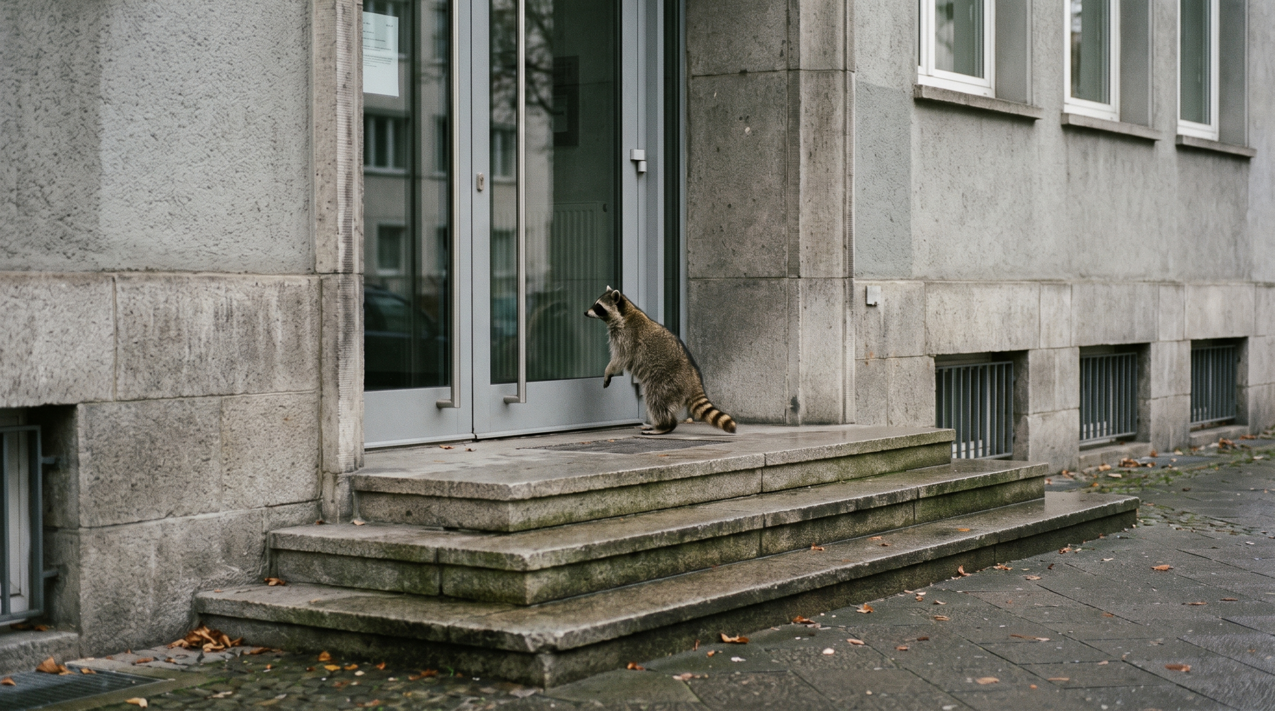 Musterung Satire: Waschbär steht vor einem Verwaltungsgebäude mit geschlossener Tür